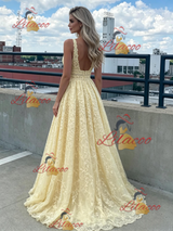Yellow Lace V-neck Prom Dress