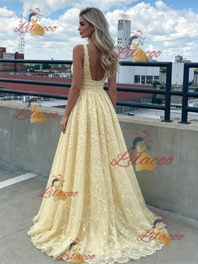 Yellow Lace V-neck Prom Dress