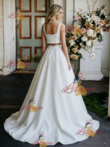 White Two Piece Satin Straps Wedding Dress