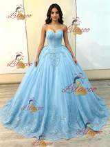 Blue Tulle Strapless Appliques Quinceanera Dress