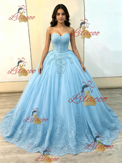 Blue Tulle Strapless Appliques Quinceanera Dress