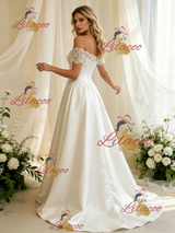 White Off the Shoulder Satin Lace Wedding Dress