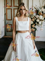 White Two Piece Satin Straps Wedding Dress