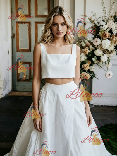 White Two Piece Satin Straps Wedding Dress