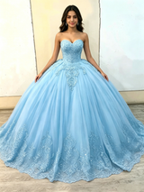 Blue Tulle Strapless Appliques Quinceanera Dress