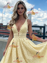 Yellow Lace V-neck Prom Dress