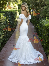 White Mermaid Lace Puff Sleeve Wedding Dress