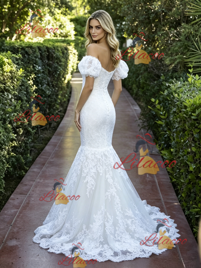 White Mermaid Lace Puff Sleeve Wedding Dress