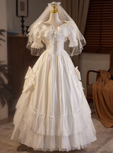 Satin Lace Short Sleeve Bow Wedding Dress