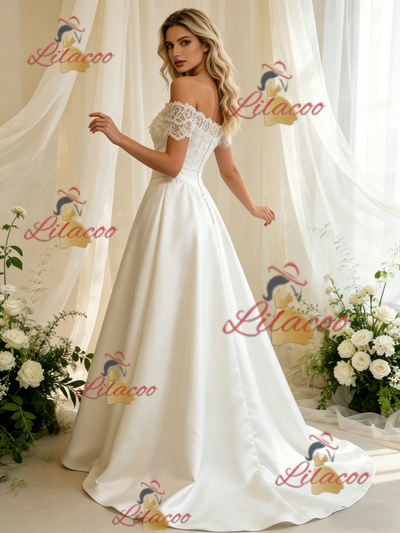 White Off the Shoulder Satin Lace Wedding Dress