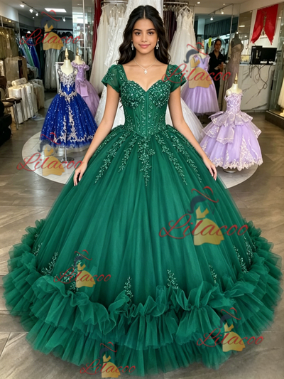 Green Tulle Square Neck Appliques Quinceanera Dress