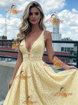 Yellow Lace V-neck Prom Dress