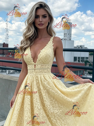 Yellow Lace V-neck Prom Dress