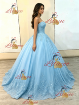 Blue Tulle Strapless Appliques Quinceanera Dress
