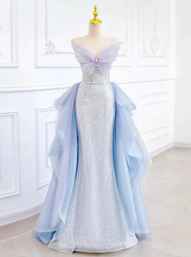 Blue Purple Tulle Sequins Strapless Prom Dress