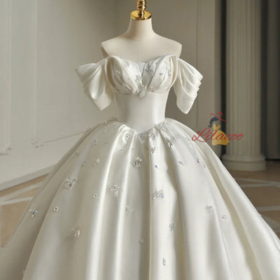 White Satin Crystal Wedding Dress