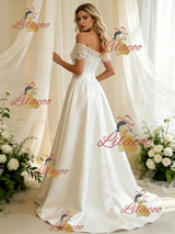White Off the Shoulder Satin Lace Wedding Dress