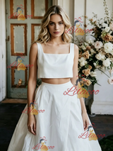 White Two Piece Satin Straps Wedding Dress