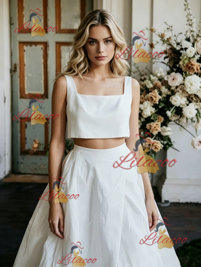 White Two Piece Satin Straps Wedding Dress