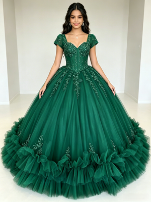 Green Tulle Square Neck Appliques Quinceanera Dress