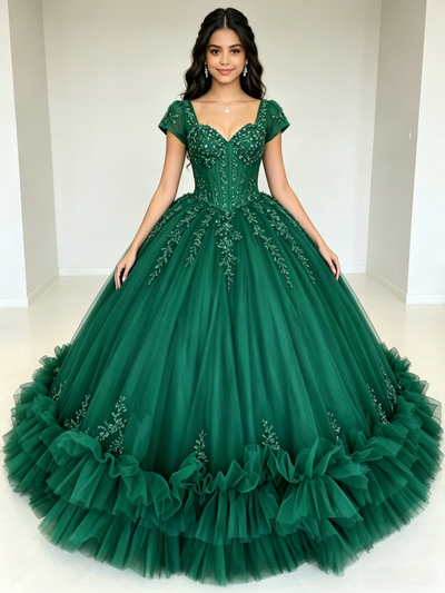 Green Tulle Square Neck Appliques Quinceanera Dress