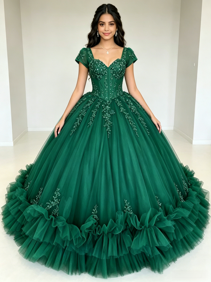 Green Tulle Square Neck Appliques Quinceanera Dress