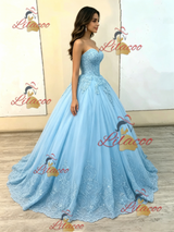 Blue Tulle Strapless Appliques Quinceanera Dress