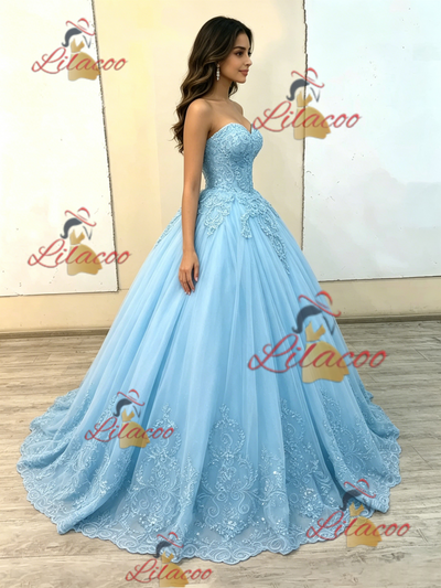 Blue Tulle Strapless Appliques Quinceanera Dress