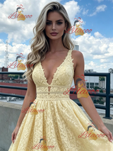 Yellow Lace V-neck Prom Dress