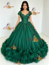 Green Tulle Square Neck Appliques Quinceanera Dress