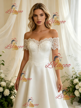 White Off the Shoulder Satin Lace Wedding Dress