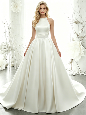 White Satin Halter Wedding Dress