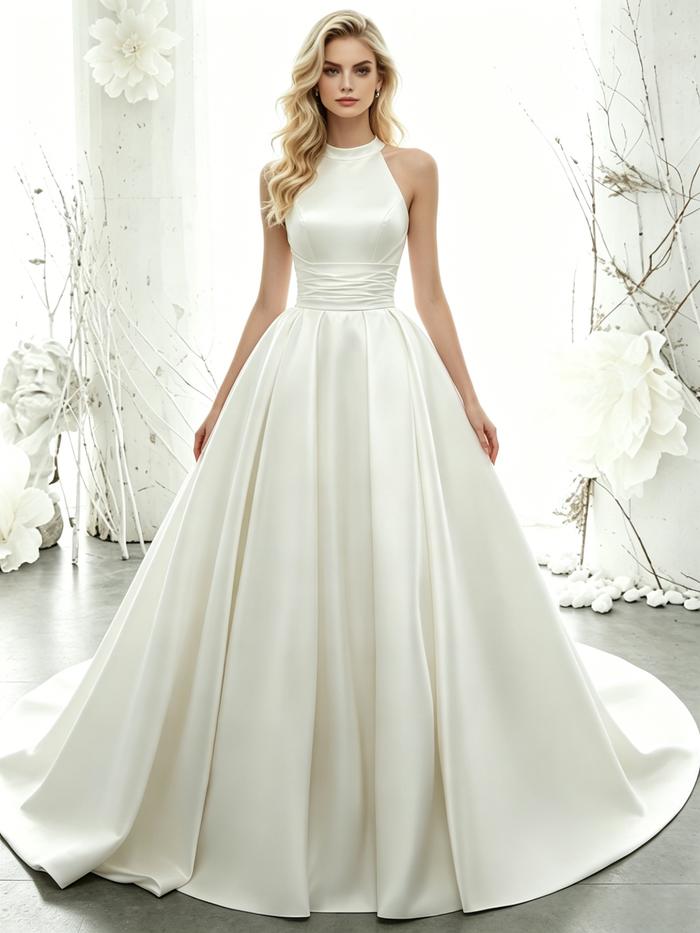 White Satin Halter Wedding Dress