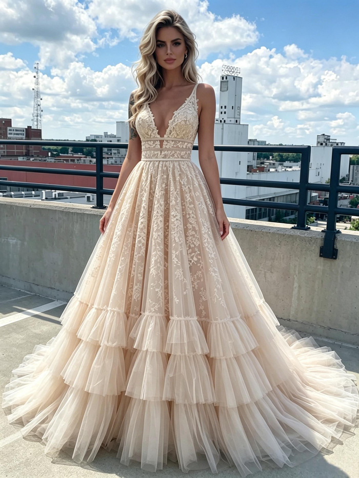 Champagne Tulle Lace V-neck Prom Dress