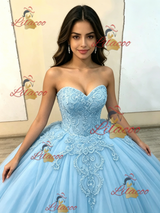 Blue Tulle Strapless Appliques Quinceanera Dress