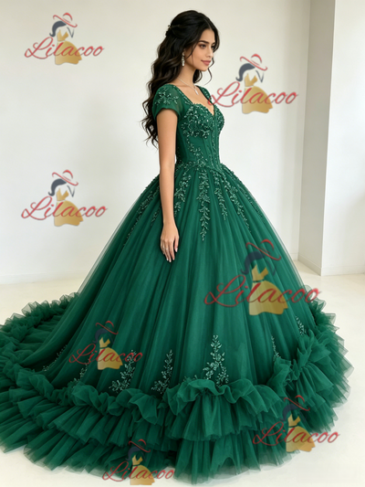 Green Tulle Square Neck Appliques Quinceanera Dress