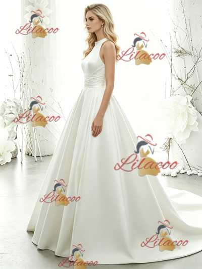 White Satin Halter Wedding Dress