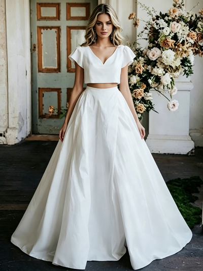 White Two Piece Cap Sleeve Wedding Dress