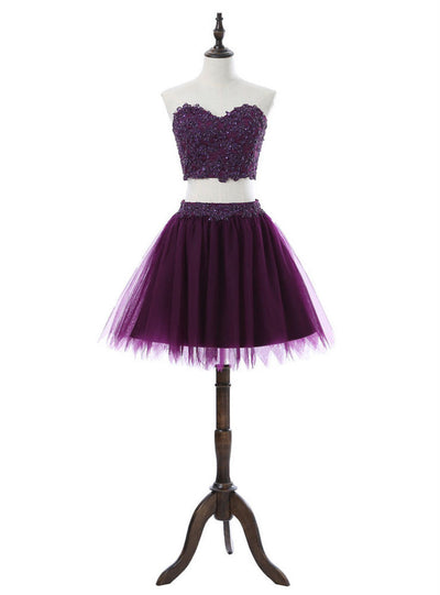 Purple Two Piece Tulle Lace Homecoming Dress