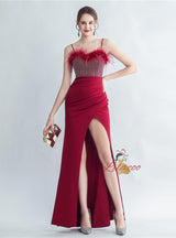 Spaghetti Straps Split Feather Prom Dress