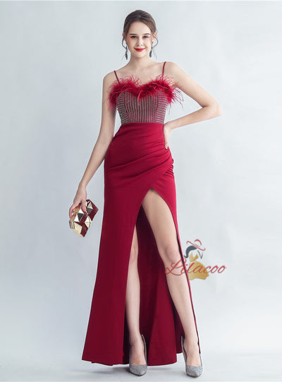 Spaghetti Straps Split Feather Prom Dress