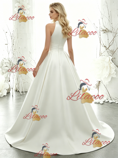 White Satin Halter Wedding Dress