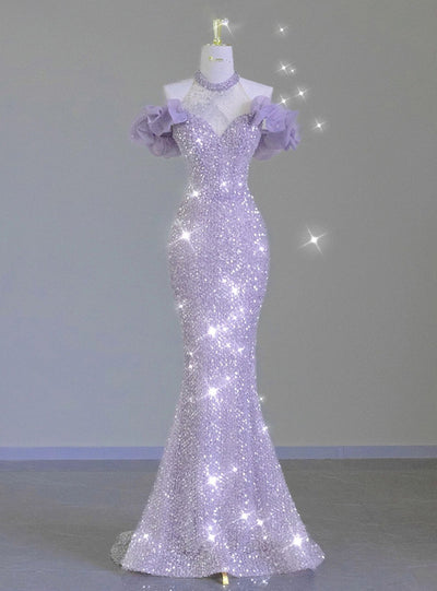 Purple Mermaid Sequins Prom Dress