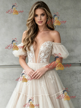 Ivory Tulle Lace Off the Shoulder Wedding Dress
