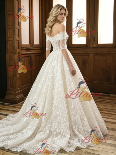 Ivory Lace Short Sleeve Off the Shoulder Wedding Dress