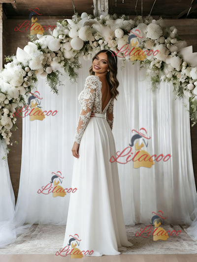 White Chiffon Appliques Long Sleeve Wedding Dress