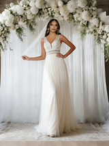 Beige White Tulle V-neck Wedding Dress