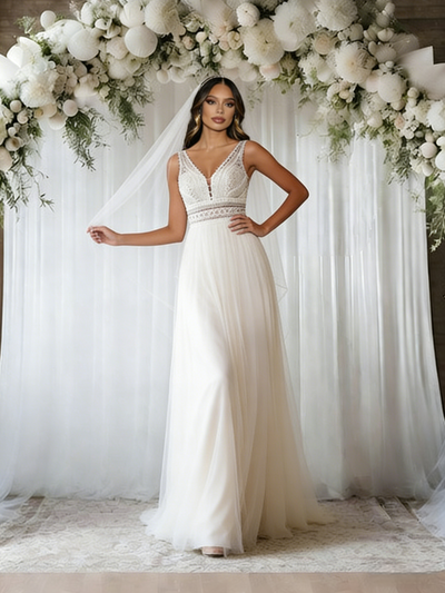 Beige White Tulle V-neck Wedding Dress