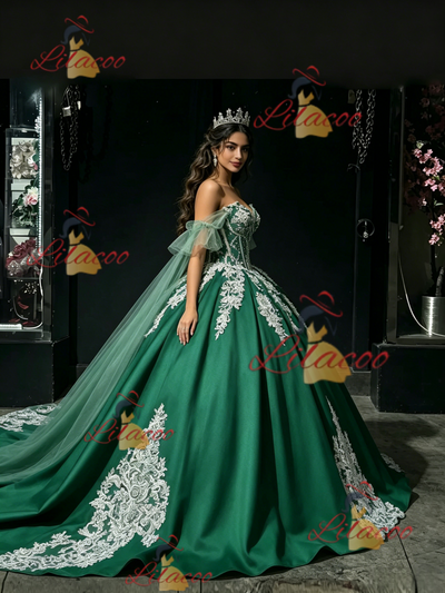 Green Satin Off the Shoulder Appliques Quinceanera Dress