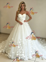 White Tulle Spaghetti Straps Butterfly Wedding Dress